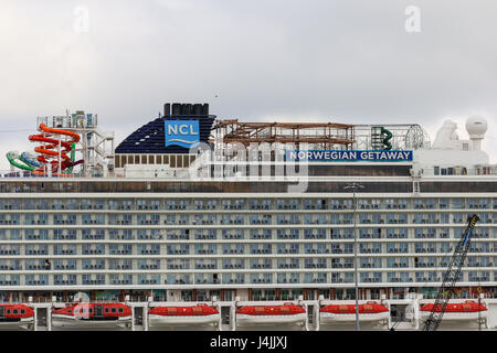 Una vista del divertimento a bordo della MS fuga norvegesi di Norwegian Cruise Line nel Porto di Southampton, Regno Unito Foto Stock