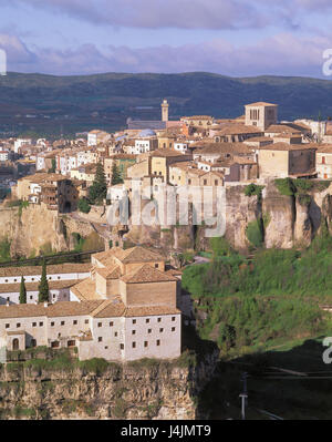 Spagna, Castiglia, Cuenca, vista città Europa sud-ovest Europa, Zentralspanien, provincia di La Mancha, Città Vecchia, parte della città di San Martin, Hoz del Huecar, rocce, abisso, case residenziali, Casas Colgadas, 'case sospese', luogo di interesse, l'UNESCO-patrimonio culturale mondiale Foto Stock