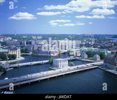 La Svezia, Stoccolma, Stadsholmen, vista città, il Parlamento al di fuori, Scandinavia, città capitale, sede del potere, isola, isola di città, case, edifici, edifici governativi, ponti, vista Foto Stock