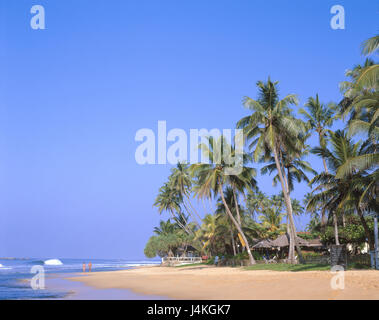 Sri Lanka, Hikkaduwa Beach, palme, turisti Asia, Asia del Sud, Stato insulare, Sri Lanka Prajatantrika Samajavadi Janarajaya, spiaggia, Oceano Indiano, golf di Mannar, mare, spiaggia sabbiosa, destinazione destinazione di vacanza, hotel facility, bagnanti, turismo Foto Stock