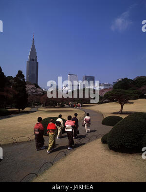 Giappone Tokyo, quartiere di Shinjuku, parco Shinjuku Gyoen, visitatore, vista posteriore Tokyo, città capitale, parte della città, area cittadina, parco Foto Stock