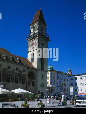 Germania, Bassa Baviera, Passau, vista città, il mercato, il municipio Torre Europa, fuori, estate, bavaresi, città, 3 fiumi città, hotel uomo selvatico, fermata bus, passante, turistico, municipio, torre, luogo di interesse, street di imperatori e re Foto Stock