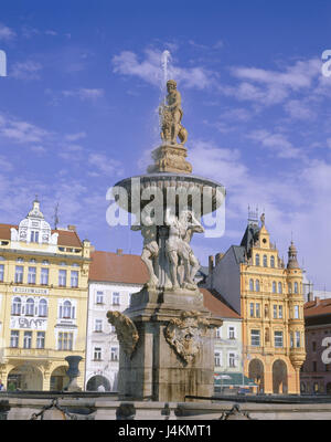 Repubblica ceca, Ceske Budejovice, Città Vecchia, Namesti Premysla Otakara II, Sansone pozzi, dettaglio Europa, Est Europa, Cechia, Cecoslovacchia, Boemia, South Bohemian, Budweis,, la town square, strutture, architettura, chiesa, Steeple, Sansone Brunnen, ben caratteri, arte, cultura, luogo di interesse Foto Stock