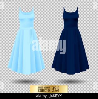Le donne del vestito mockup collezione. Condire con lunga gonna plissettata. Realistico illustrazione vettoriale. Completamente modificabile maglia fatti a mano. Abito festivo senza maniche. Luce brillante e blu scuro variazione. Illustrazione Vettoriale