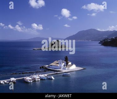 Grecia Isole Ionie, Corfù, penisola di Kanoni, chiostro isola 'Vlacherna' Europa, isole Ionie, isola, isola di capitale, Corfu, Analipsis penisola, chiostro della Vergine Madre di Vlacherna, Hgr. Isola Pondikonissi, Pontikonissi, 'mouse island', luogo di interesse, cultura Foto Stock