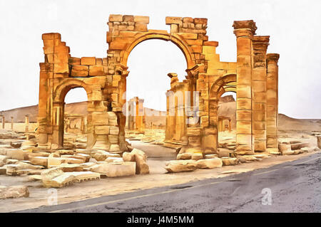 Pittura colorata di rovine di antiche tempietto ellenistico, Palmyra, Siria Foto Stock