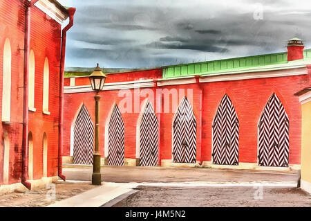 Pittura colorata di Old Street, la Fortezza di Pietro e Paolo, San Pietroburgo, Russia Foto Stock