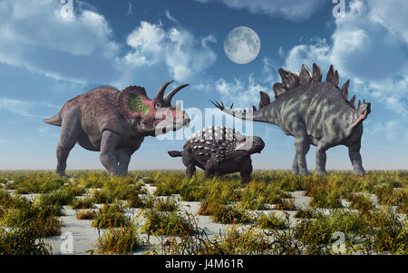 Un Triceratops un Ankylosaurus & un Stegosaurus dinosauri. Foto Stock