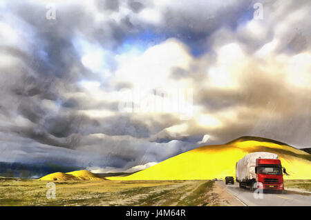 Colorato la pittura di paesaggio di montagna con autostrada dal Lago Namtso a Lhasa, in Tibet, Cina Foto Stock