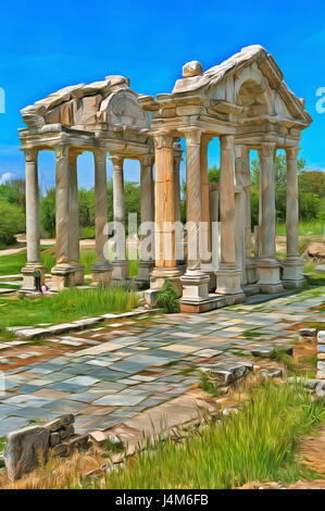 Pittura colorata di Tetrapylon, resti di antiche Aphrodisias, Aydin Provincia, Turchia Foto Stock