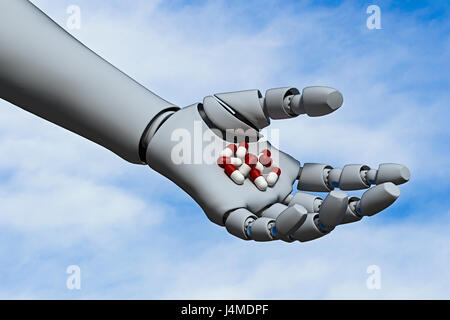 Pillole farmaceutiche in mano del robot Foto Stock