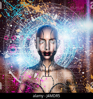 Blueprint e spruzzi di vernice che circonda la donna robot Foto Stock