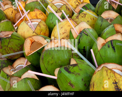 Noci di cocco essendo preparati per cocktail Foto Stock