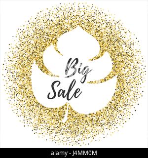 Estate vendita sfondo vettoriale per banner, poster, volantini, scheda di pagliuzze d'oro sono scattering su uno sfondo bianco a forma di una foglia di palma il ins Illustrazione Vettoriale