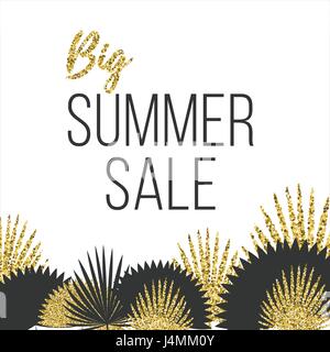 Estate vendita Poster modello con foglie di palmo illustrazione vettoriale l iscrizione Big estate vendita su uno sfondo bianco con un ornamento di differenti b Illustrazione Vettoriale