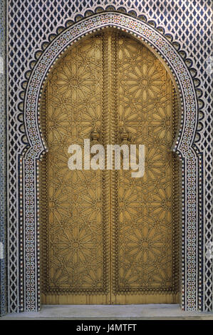 Il Marocco, fez, fez el-Jedid, King's Palace, dettaglio, gate Africa, città, edificio, di ingresso gate, cancello, portone di bronzo, maiolica mosaico, adornment, decorazione, arte, cultura, luogo di interesse Foto Stock