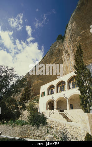 Spagna, Maiorca, Puig de Randa, Santuari de Nostra Senyora de Gracia, isole Baleari, isola del mediterraneo, isola, montagne, rock, chiostro francescano, chiostro del chiostro, edificio, struttura, luogo di interesse, icona, l'isolamento, la solitudine, la concezione, la fede e la religione, stop, la meditazione Foto Stock