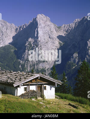 Austria, Tirolo, Kufstein, valle imperiale, Ellmauer stop, rifugio alpino, Wilder Kaiser, Kaisergebirge, montagne, montagne, il paesaggio di montagna, acciaierie e acciaierie di montagna, casa, deserte, remoto rurally, Foto Stock