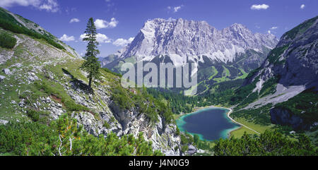 Austria, Tirolo, Ehrwald, Zugspitze, Seebensee, alpi, gamma di Wetterstein, panorama, il panorama di montagna, montagne, montagne, montagna del massiccio, montagna del massiccio, paesaggio, paesaggio di montagna, lago, Foto Stock