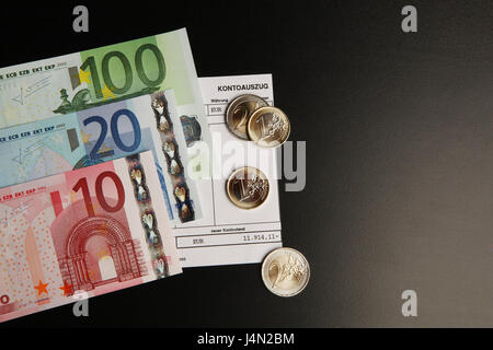 Soldi, note, monete, estratto conto bancario, dettaglio, euro, moneta, la moneta unica europea, monete, banconote, banconote, deposito, einbezahlt, pagare i debiti, stato di colpa, centinaia, venti, dieci, uno, due, di credito, contanti, carte di debito, il disavanzo, studio, oggetto fotografia, Foto Stock