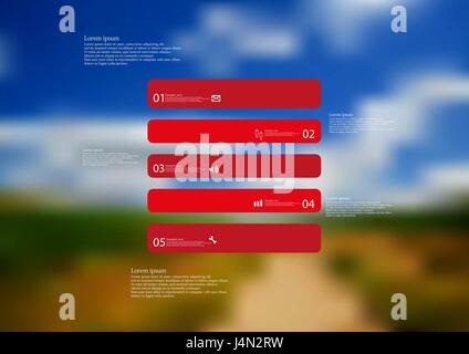 Illustrazione modello infografico con motivo del rettangolo orizzontalmente suddivisa per cinque standalone sezioni di rosso con un semplice segno, numero di campione e tex Illustrazione Vettoriale