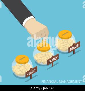 Appartamento 3D isometrica imprenditore mettere mano moneta nella famiglia, salute, viaggi bottiglia, gestione finanziaria di concetto Illustrazione Vettoriale