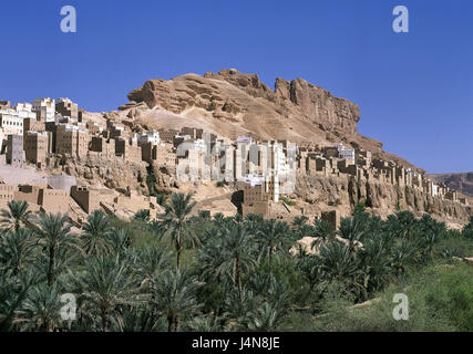 Yemen, wadi Hadramaut, rocce, case, chiudere Schibam, il Vicino Oriente, Yemen, Est, Hadhramaut, Hadramut, villaggio, luogo, architettura, storicamente, edificio, mucky edificio, mucky case, montagne, tradizionalmente, Foto Stock