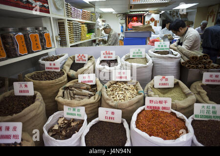 Cina, Hong Kong, Chinatown, Hong Kong City Market, spice concessionario, Asia, città, negozi, business street, mercato, shop, persona, negozio, negozio vende, spezie, cibo, concessionari, Foto Stock