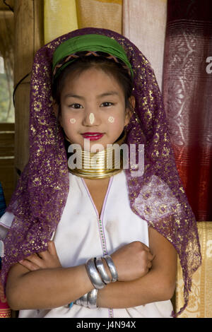 Thailandia, golden angolo superiore, Chiang Rai, per circhi collo lungo il ceppo, ragazza, metà ritratto, Foto Stock