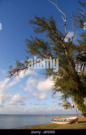 Mare, oar boot, alberi, spiaggia, Anse aux anglais, Ile Rodrigues, Mauritius, Foto Stock