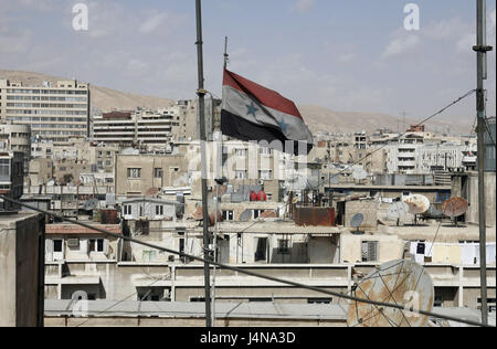 In Siria, a Damasco, vista città, Neustadt, bandiera, Centro citta', Centro citta', economia, case, case, architettura, bandiera, la bandiera nazionale, Weihrauchstrasse Foto Stock