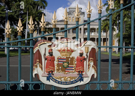 Gli Stati Uniti, Hawaii, Oahu Islanda, Honolulu, Capitol, gate, dettaglio, segno, le isole hawaiane, la città di destinazione, luogo di interesse, cultura, Capitol, il Parlamento, di ingresso Foto Stock