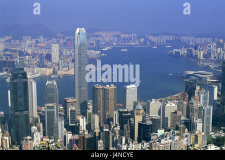 Cina, Hong Kong, ubicazione Victoria Peak, la vista del porto di Victoria, Asia, paese, città, città cosmopolita metropoli, visualizzare , panoramica, città panoramica, grattacielo, alta sorge, architettura, porto, sul mare Foto Stock