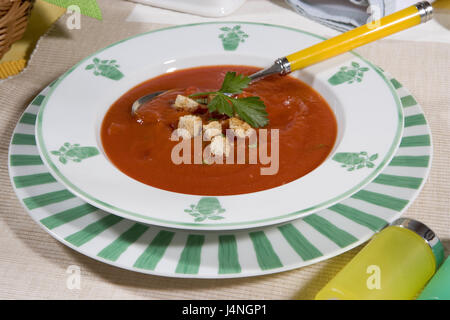 Piastra zuppa zuppa di pomodoro, crostini, piastre, campioni, verde, zuppa, cibo vegetariano, fresco di giornata, erbe aromatiche, cucchiai, cibo, Foto Stock