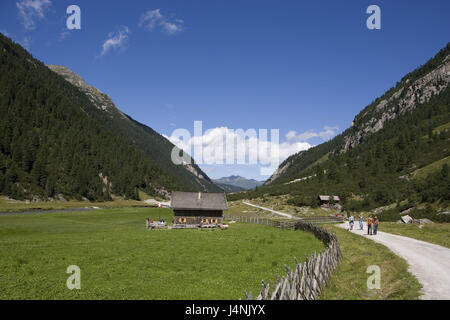 L'Austria, paese di Salisburgo, Krimmler Achental, rifugio alpino, la strada forestale del Pinzgau, paesaggio di montagna, montagne, la valle, prateria alpina, alp, acciaierie e capanna in legno, destinazione, modo, street, persona, a piedi e del tempo libero, vacanze, vacanza itinerante, estate, Foto Stock