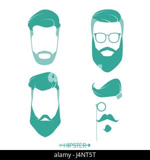 Set di hipster uomo parrucchieri, barbe, mustaches. Design semplice per logo, silhouette. Illustrazione Vettoriale. Illustrazione Vettoriale
