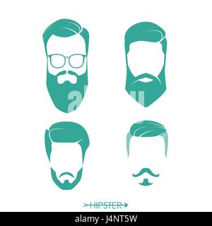 Set di hipster uomo parrucchieri, barbe, mustaches. Design semplice per logo, silhouette. Illustrazione Vettoriale. Illustrazione Vettoriale
