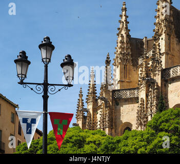 Una chiusura dettaglio vista dettagliata di ornati intricata architettura gotica Catedral Cattedrale Santa Maria con gargoyle Segovia, Spagna Foto Stock