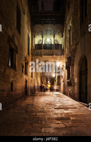 La città di Barcellona di notte, Quartiere Gotico (Barri Gotic), Vescovo di ponte (Pont del Bisbe) attraversando Carrer del Bisbe street, Catalogna, Spagna, Europa Foto Stock