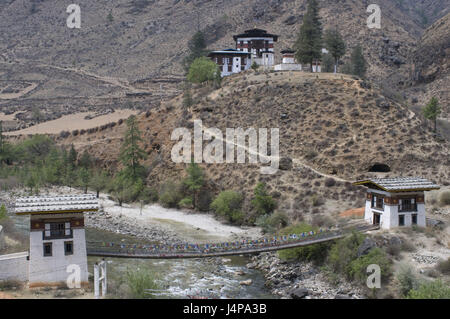 Ponte in ferro, Tamchhog Lhakhang chiostro, Bhutan, Foto Stock