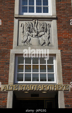 Germania, Meppen, Hare's Valley, Emsland, Bassa Sassonia, città vecchia farmacia, rilievo nel portale, leoni, Foto Stock