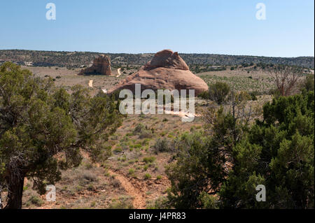 Castello rocce, due blocchi di arenaria Entrada che per qualche ragione non erodere lontano, nel Colorado di Valle di coniglio. Si tratta di un 4WD/ATV/dirt bike play ar Foto Stock