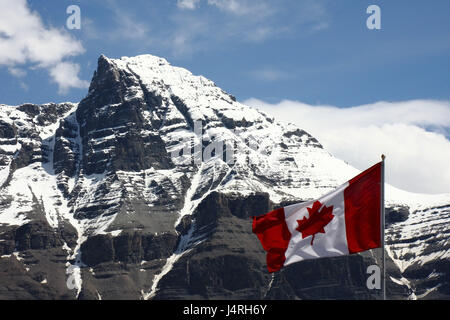 Bandiera, canadese, flutter, scenario di montagna, summit, nevoso, Canada, provincia Alberta, Banff parco nazionale, montagne rocciose, Saskatchewan attraversamento fluviale, Foto Stock