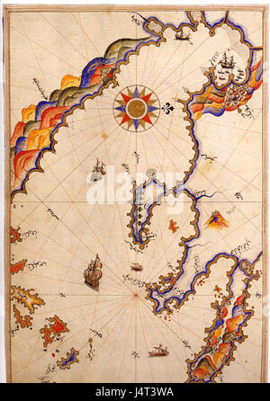 *Salonicco* come raffigurato da Piri Reis fa parte di una mappa storica che mostra la regione nel XVI secolo. Piri Reis, ammiraglio e cartografo ottomano, è famoso per le sue mappe dettagliate e accurate del Mediterraneo e delle aree circostanti. Foto Stock