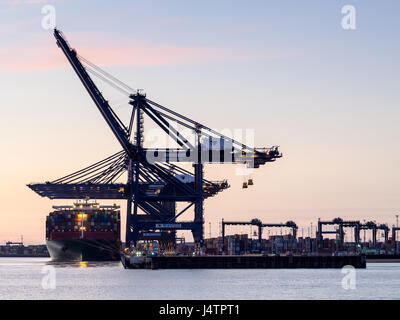 Porto di Felixstowe - Gru a vuoto ed a carico di contenitori su navi in Felixstowe, il contenitore più grande porto nel Regno Unito. Foto Stock