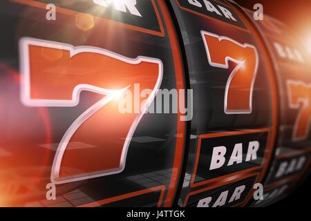 Rosso fuoco Gioco Slot concettuale vincitore 3D Render illustrazione. Stile Las Vegas con una mano sola macchina bandito Closeup illustrazione. Foto Stock