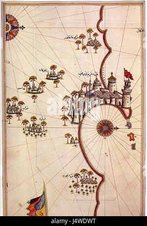 La mappa di Tripoli di Piri Reis fornisce informazioni storiche sul contesto geografico e culturale di Tripoli, disegnata dal famoso cartografo ottomano Piri Reis nel XVI secolo. Foto Stock