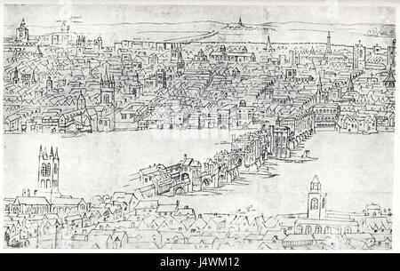 Il titolo si riferisce a una rappresentazione o a un riferimento a London Bridge in un'opera di Wyngaerde. Probabilmente una rappresentazione artistica o storica, mette in evidenza il ruolo di London Bridge come importante punto di riferimento architettonico e culturale a Londra, in Inghilterra. Foto Stock