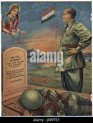 L'attacco del 1944 a Kohima, nel Nagaland, fallì durante la seconda guerra mondiale, segnando una svolta significativa nel conflitto. La visione di Netaji Subhas Chandra Bose di un'India libera, simboleggiata da un'India celeste in catene, riflette il profondo senso di perdita e lotta per l'indipendenza dell'epoca. Foto Stock