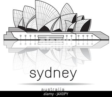 Sydney Opera House con riflessione in acqua, Australia, illustrazione vettore disegno segno distintivo viaggio Illustrazione Vettoriale